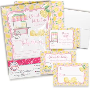 Imagem de Convites de chá de bebê para meninas – Pacote de convite para chá de bebê com tema de limão rosa com ingressos de sorteio de fraldas, cartões de solicitação de livro e envelopes. Conjunto de 20