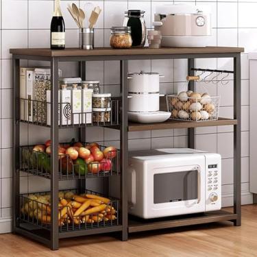 Imagem de Prateleira de metal para cozinha com mesa de madeira - suporte de micro-ondas e organizador para armazenamento eficiente na ilha da cozinha, B, 80 cm