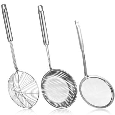 Imagem de Conjunto de coador de aranha e colher de escumadeira, 3 peças, concha de aço inoxidável, peneira de arame de metal, furos grandes, coador de fritadeira, coador de malha fina com cabo longo, peneira de
