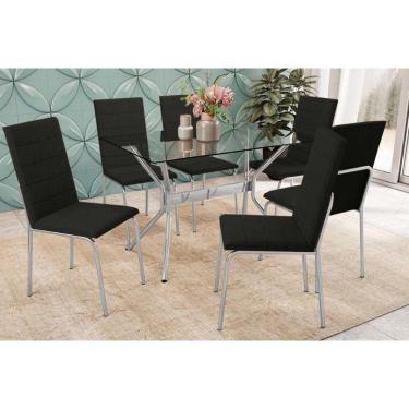 Imagem de Sala De Jantar Completa Loire Tampo De Vidro 120x80cm E 6 Cadeiras Amsterdã Cromada - Preto - Kappesberg