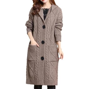 Imagem de Suéter Com Capuz Feminino Cardigan Longo Outono E Inverno Solto Engrossado Quente Malha Trespassado Trespassado, Coffee, 5XL