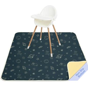 Imagem de Basumee Tapete Splat para cadeira alta, impermeável, para brincar de bebê, para cadeira alta, coletor de comida, tapete para cadeira alta, antiderrapante, espaço azul escuro, 116 x 106 cm