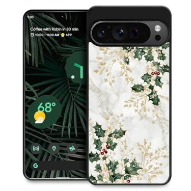 Imagem de CARLOCA Capa compatível com Google Pixel 9 Pro XL para meninas à prova de choque antiarranhões capa traseira de policarbonato rígido estética padrão de azevinho folhas douradas Natal branco mármore