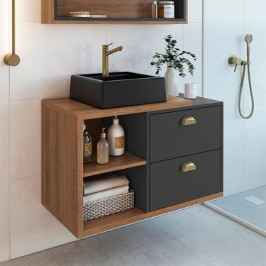 Imagem de Gabinete de Banheiro com Cuba Preta Helena 2 Gavetas Mel e Grafite