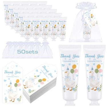 Imagem de Demissle 50 conjuntos One Silly Goose Baby Shower lembrancinhas de festa de aniversário tamanho viagem creme de mão apreciação loção de mão com cartões e bolsas Silly Goose presentes a granel para