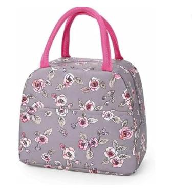Imagem de Bolsa Marmita Lancheira Térmica Estampada – Compacta para Trabalho, Faculdade e Academia | Mantém Alimentos Quentes ou Frios, com Bolso Lateral e Alça (Rosas Cinza)