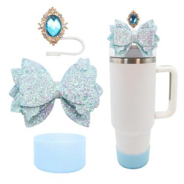 Imagem de Conjunto de 3 peças de acessórios para copo Stanley de 30 e 1,134 g com alça, decoração de canudo de laço fofo e topo de palha de 10 mm, bota de silicone com glitter, acessórios de copo fofos