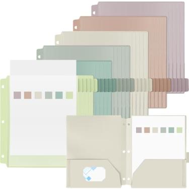 Imagem de Honoson 30 pastas de plástico com bolso frontal transparente, 3 furos, pastas perfuradas Morandi para fichário de 3 anéis, abas cortadas de 1/6 para escritório, sala de aula