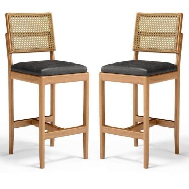 Imagem de Kit Com 2 Banqueta Milena Madeira Maciça Assento Estofado Encosto De Tela Palha Sextavada Courino Preto 503