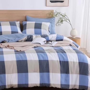 Imagem de Oli Anderson Conjunto de edredom Queen, 3 peças de edredom xadrez azul e branco, reversível, leve e fofo, conjunto de cama com 2 fronhas para todas as estações - 228 cm x 228 cm