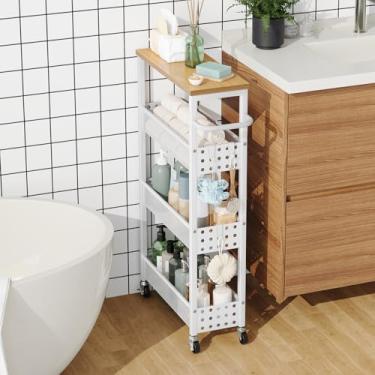 Imagem de Carrinho de armazenamento fino com rodas, organização de lavanderia e carrinho de armazenamento entre lavadora e secadora, prateleira organizadora de banheiro estreita, 4 andares, unidade de