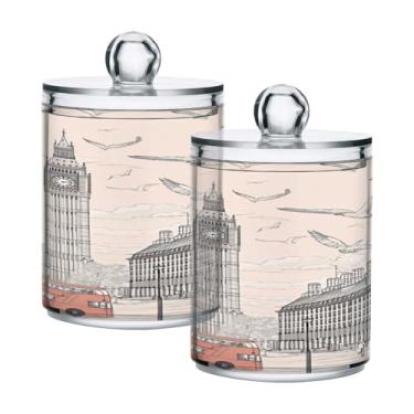 Imagem de Qilmy Suporte London Street Big Ben Qtip pacote com 2, frascos de boticário de 400 ml, vasilha organizadora de banheiro para cotonetes, bolas de algodão, almofadas de maquiagem, fio dental, sais de