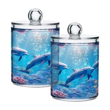 Imagem de Qilmy Qtip Suporte de boticário de 400 ml, frasco de plástico transparente Ocean Dolphins com tampa, dispensador de recipiente de banheiro para bola de algodão, cotonete, fio dental, pacote com 2