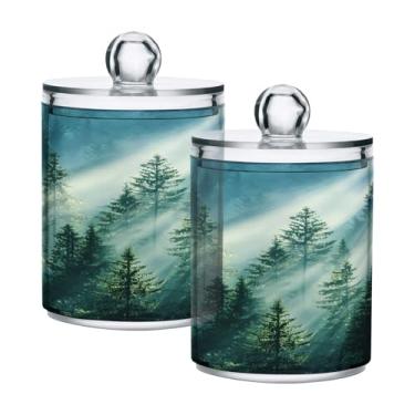 Imagem de Qilmy Qtip Suporte de boticário de plástico transparente de 400 ml, cenário de montanha enevoada e enevoada, com tampa, dispensador de recipiente de banheiro para bola de algodão, cotonete, fio dental