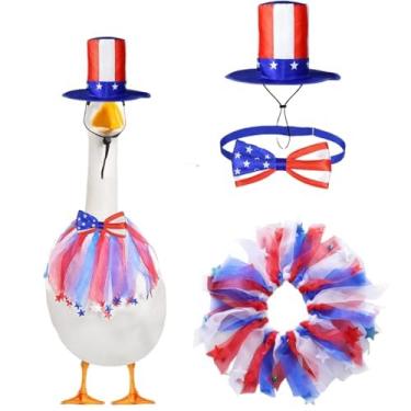 Imagem de Conjunto de decoração de ganso de alpendre, fantasia do Dia da Independência, cartola vermelha branca azul e gola com bandeira americana 4 de julho gravata borboleta para cimento/plástico de ganso de