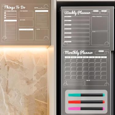 Imagem de Calendário transparente não magnético para geladeira, conjunto de calendário acrílico apagável a seco, reutilizável mensalmente, agenda semanal e agenda diária, cola no armário, porta, vidro, parede