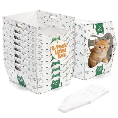 Imagem de SOUJOY Pacote com 8 caixas de areia descartáveis para gatos, caixas de areia de papelão branco resistente com colher, bandeja de areia fechada dobrável anti-respingos para gatos filhotes pequenos
