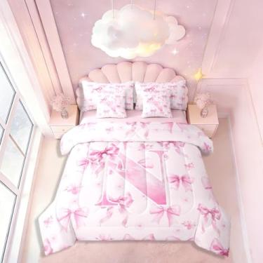 Imagem de Conjunto de cama casal de 7 peças com laço rosa e laço romântico, chique e romântico, lindo conjunto de cama com laço com monograma inclui edredom, conjunto de lençóis, fronhas e fronhas, decoração de