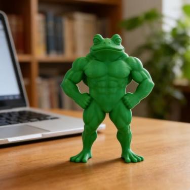 Imagem de Estatuetas colecionáveis de sapo musculoso verde impresso em 3D, presente para decoração executiva de escritório em casa