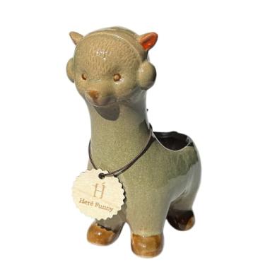 Imagem de SJBAG Vaso de suculentas de cerâmica em forma de alpaca com orifícios de drenagem, vaso de animais pintado à mão para cactos e suculentas internos, decoração de casa exclusiva e presente (verde)