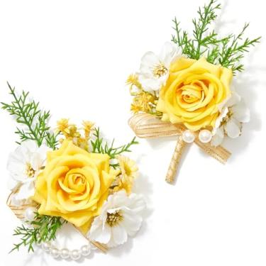 Imagem de Serwalin Conjunto de corpete e flor na lapela de rosa amarela, flor na lapela para homens e corpete de pulso, baile, casamento, flores, acessórios, decorações de festa