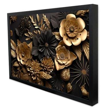 Imagem de Quadro Decorativo Floral Luxo Flores Preto e Dourado em Moldura Caixa 