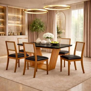 Imagem de Kit 4 Cadeiras de Jantar Palha Estofadas Couro Pu Preto Tela Sextavada