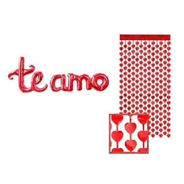 Imagem de Kit 01 Balão Te Amo e 01 Cortina Coração Metalizada Vermelha