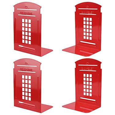 Imagem de Livros, cabine de telefone com extremidades de metal para livros, antiderrapante, resistente para prateleiras, livros, DVD, vídeo 7,8 x 5,5 x 3,9 polegadas (2 pares/4 peças), Vermelho