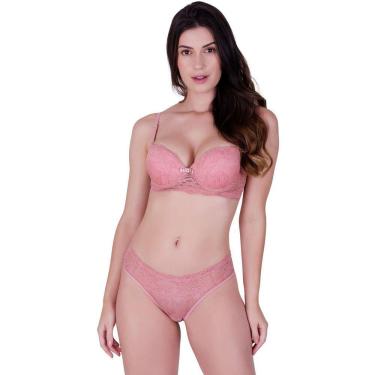 Imagem de Conjunto confortável sensual com bojo e arco em renda de poliamida rosa romance