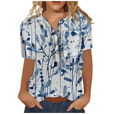 Imagem de Camisetas longas femininas com estampa floral folgada outono verão manga curta gola V camisa de linho feminina 2024 Y2K, K-470 Azul royal, P