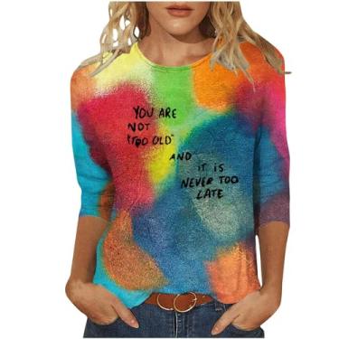 Imagem de Camisas de manga 3/4 para mulheres verão outono gola redonda colorida ajuste solto blusa longa tie dye blusas femininas 2024, P-210 multicolorido, 5G