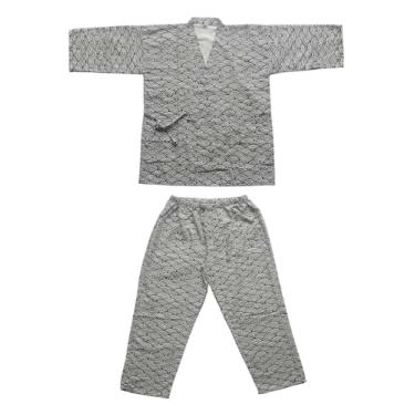 Imagem de ZEALMAX Camisa e calça de quimono japonês Jinbei, conjunto de roupa de banho de algodão e linho loungewear spa, ondas pretas, Multicor, Tamanho Único