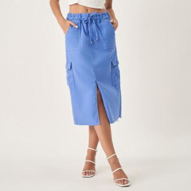 Imagem de Saia Midi Jeans Color Cargo Fenda Frontal - Bloom, Azul cambraia, 42