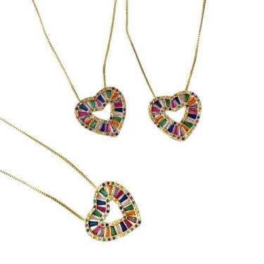 Imagem de Colar Veneziana Coração Com Zircônias Coloridas Banhado A Ouro 18K 45c