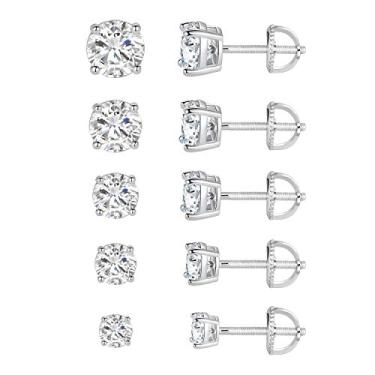 Imagem de Brincos de tarraxa de zircônia cúbica redonda transparente 4 Pong banhados a ouro branco 18 K, pacote com 5 pares (5 pares)