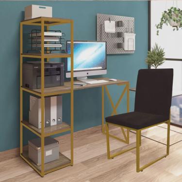 Imagem de Kit Escritório Mesa Max BeX 5 Prateleiras e Cadeira Stan Dourado Tampo Caramelo Suede Marrom - Ahz Móveis