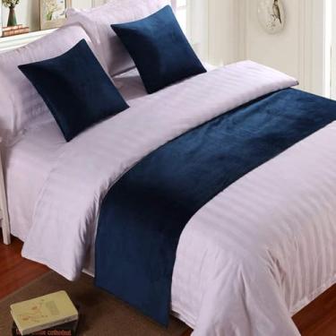 Imagem de Cachecol de corredor de cama de hotel luxuoso veludo cor sólida decoração moderna mantas de cama para pé da cama quarto protetor de cama sem desbotamento toalha de cama azul ||Queen 50 x 239,8 cm para
