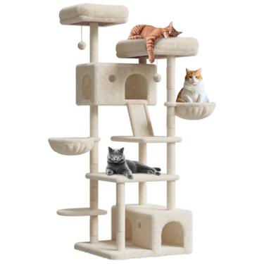 Imagem de Árvore de gato grande para gatos grandes, torre de vários níveis de 166 cm com rede espaçosa, poleiros de sisal e bolas penduradas para brincar e descansar em ambientes internos
