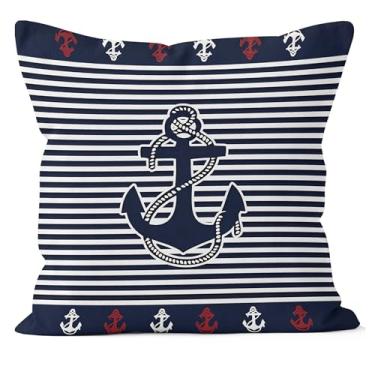 Imagem de QGFM Capas de almofada de âncora náutica costeira 45 x 45 cm, decoração de quarto de praia náutica, azul marinho, âncora de praia, decorativa, para sofá, cama, casa, quarto, sala de estar