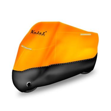 Imagem de Keiti Capa de motocicleta à prova d'água para todos os climas, proteção solar externa, faixa reflexiva, placa de licença, bolsa de armazenamento com orifício de bloqueio de janela (laranja, 264 cm)
