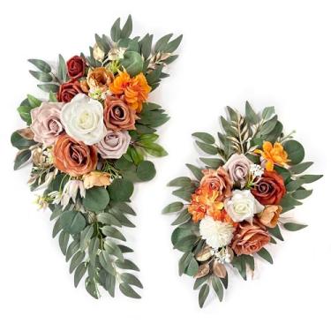 Imagem de Roahosy Conjunto de 2 peças de flores falsas, placas de boas-vindas de terracota, decorações florais de arco laranja para cerimônia de casamento e decoração de festa de outono