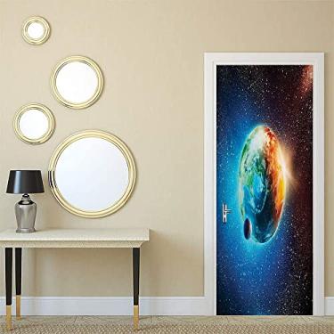 Imagem de Papel de parede de pintura de parede de porta de quarto do espaço sideral, planeta Terra em elementos de raios de sol, astronomia, atmosfera, céu, imagem de lua de satélite, para dormitórios,