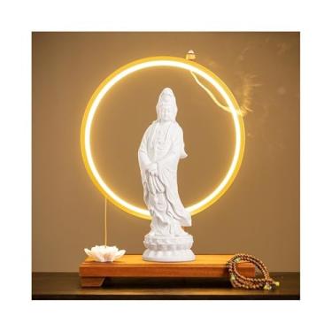 Imagem de Estátua de Feng Shui Ornamentos de estátua de Buda para sala de estar, hall de entrada, escritório, decoração Zen Feng Shui com base e anel de luz Decoração de Buda