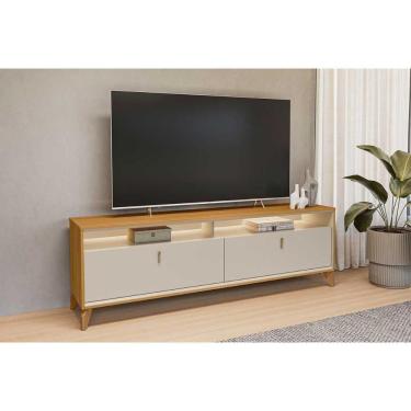 Imagem de Rack Bancada p/ TV até 75 Pol Dubai c/ 2 Portas 2 Nichos e LED 180cm Tauari/Off White Fosco - Linea Brasil