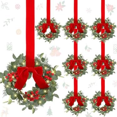 Imagem de Hoteam 8 mini guirlanda de armário de Natal de 23 cm com laços vermelhos claros, cedro de eucalipto, agulha de pinheiro de Norfolk, decoração de inverno, guirlanda rústica para prateleiras de casa