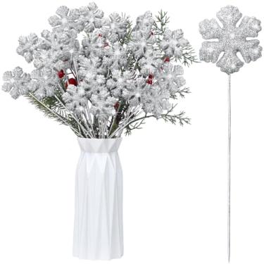 Imagem de DoubleFill 36 palitos de flocos de neve de espuma de Natal com glitter flocos de neve palitos de coquetel palitos de dente de madeira com glitter inchado para decoração de neve de Natal suprimentos de