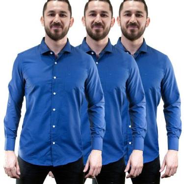 Imagem de Kit 3 Camisas Social Masculina Lisa Manga Longa Camisaria Colombo, Azu
