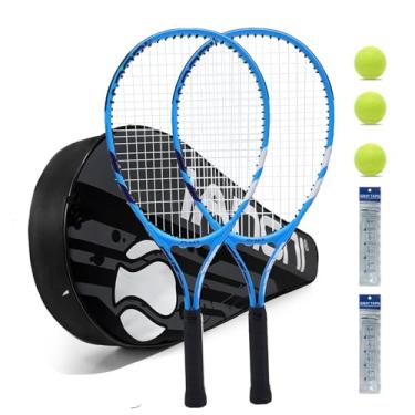 Imagem de Raquete de tênis infantil de 58 cm, conjunto de 2 a 2 raquetes de tênis com 3 bolas, 2 aderências, 2 amortecedores de vibração - azul