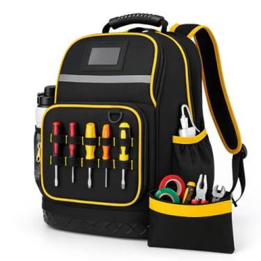 Imagem de Mochila de ferramentas robusta e confortável com fundo moldado rígido e bolsa de ferramentas, bolsa de ferramentas 1680D resistente com capa para laptop, vários bolsos para ferramentas elétricas e